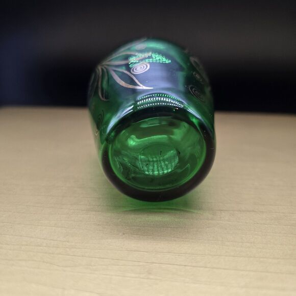 VTG Forest Green Depression Glass Vase Embellished w Gold Gilt Leaves 3.5" tall - Picture 6 of 8